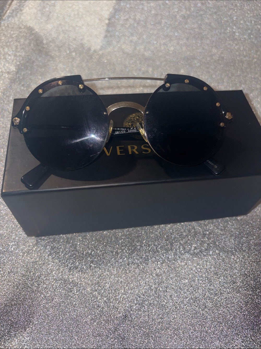 Versace Black Round Sunglasses with Gold Stud Accents